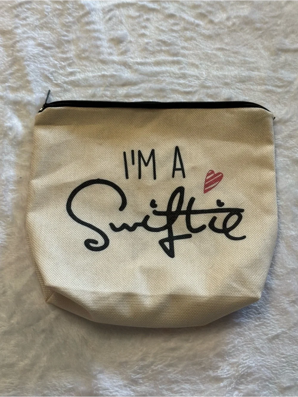Cream Canvas Cosmetic Pouch with Black Script and Pink Heart Accent